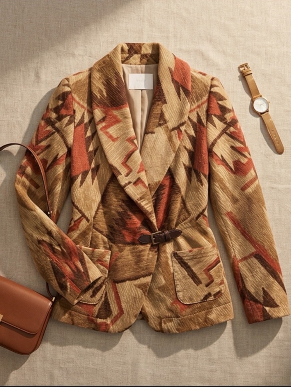 LAUREN Ralph Lauren Tan & Rust Patterned Belted Blazer - Picture 2 of 6